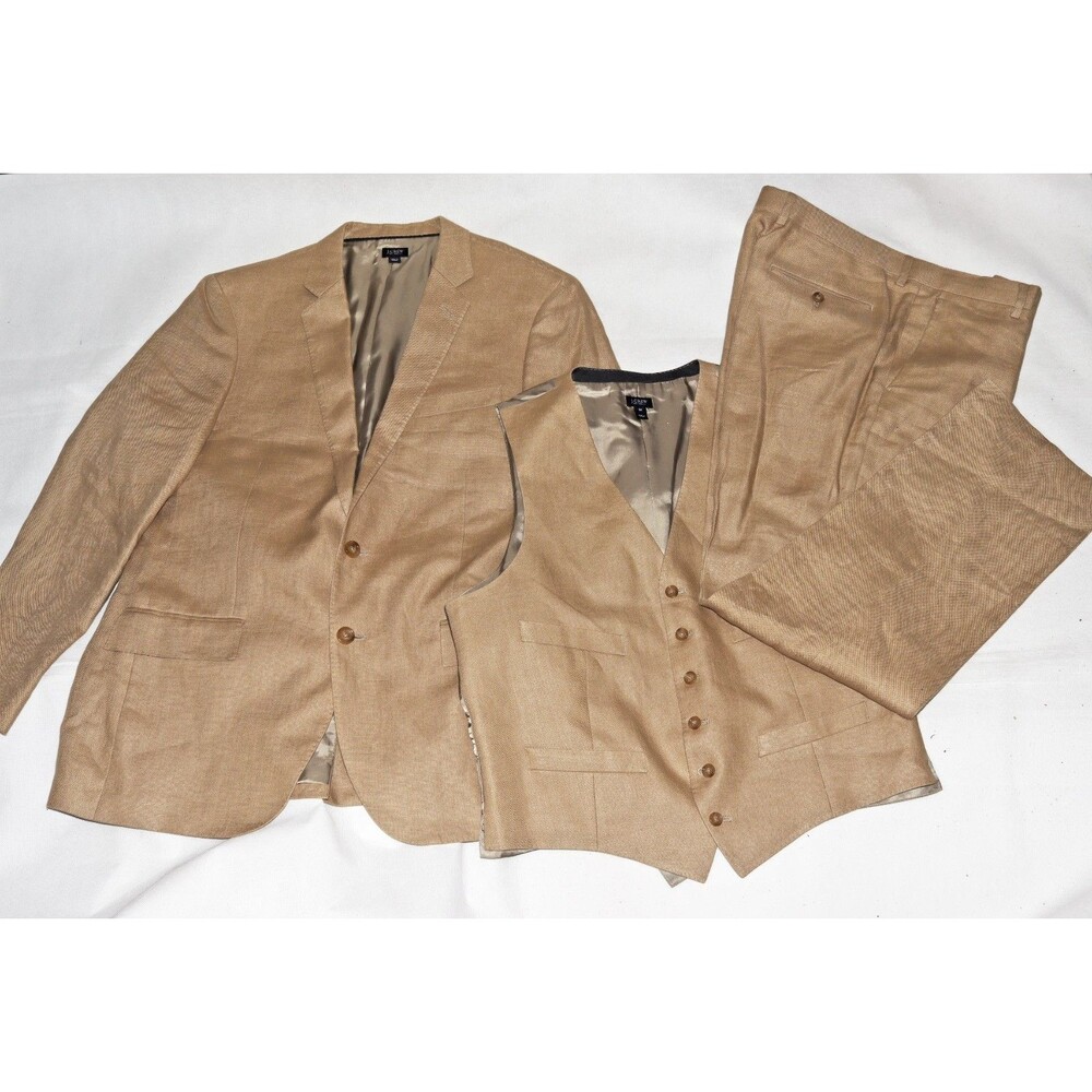 SOLD J.Crew Ludlow 3 Piece Suit Mens 42R Jacket 34W Pants Tan Irish‎ Linen Vest